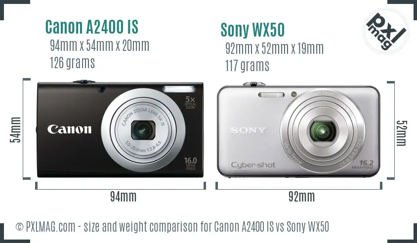Canon A2400 IS vs Sony WX50 size comparison Canon A2400 IS vs Sony WX50 size comparison