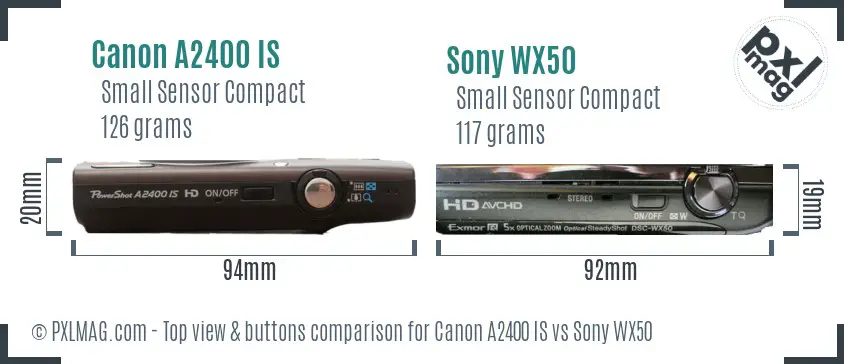 Canon A2400 IS vs Sony WX50 top view buttons comparison Canon A2400 IS vs Sony WX50 top view buttons comparison