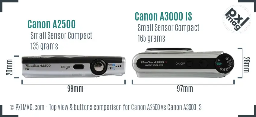 Canon A2500 vs Canon A3000 IS top view buttons comparison