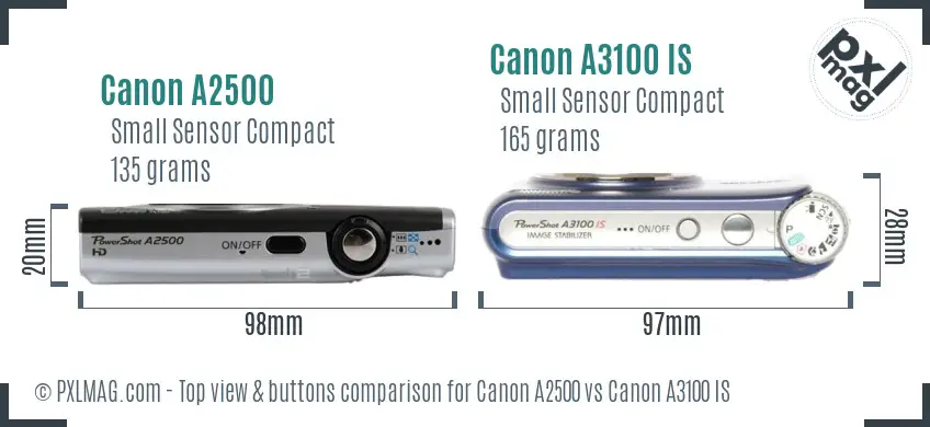 Canon A2500 vs Canon A3100 IS top view buttons comparison