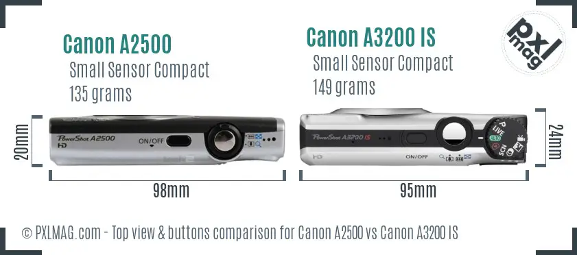 Canon A2500 vs Canon A3200 IS top view buttons comparison