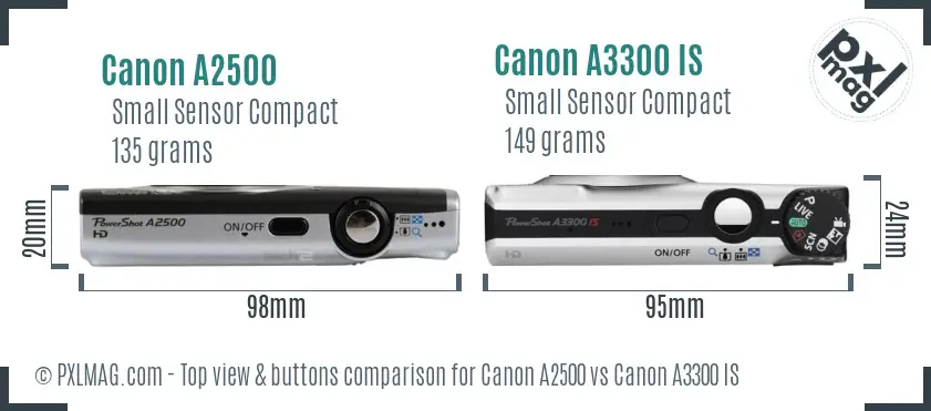 Canon A2500 vs Canon A3300 IS top view buttons comparison