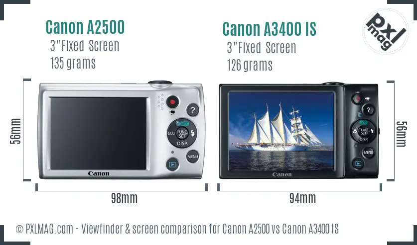 Canon A2500 vs Canon A3400 IS Screen and Viewfinder comparison