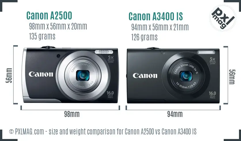 Canon A2500 vs Canon A3400 IS size comparison