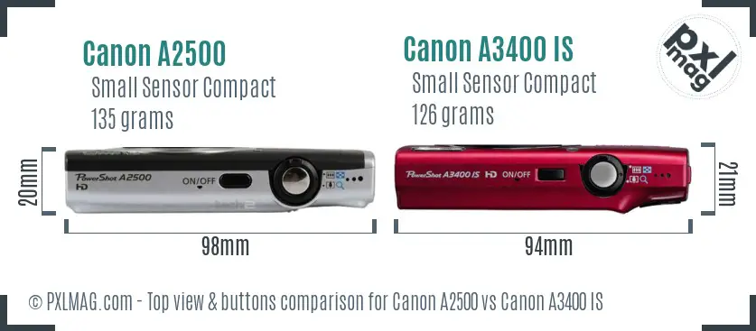 Canon A2500 vs Canon A3400 IS top view buttons comparison