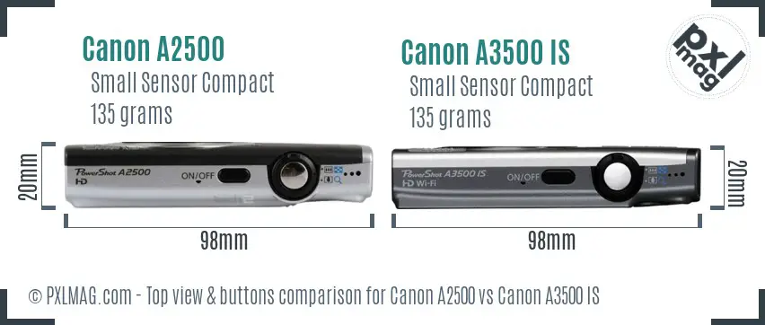 Canon A2500 vs Canon A3500 IS top view buttons comparison