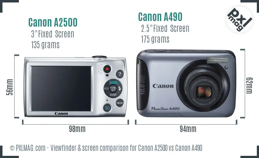 Canon A2500 vs Canon A490 Screen and Viewfinder comparison