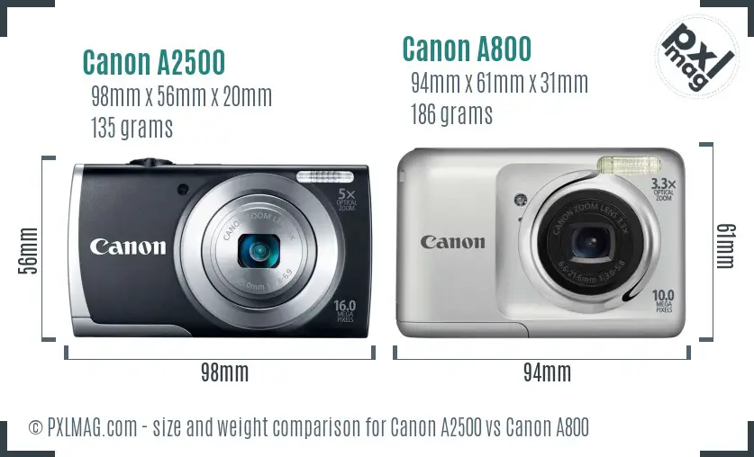 Canon A2500 vs Canon A800 size comparison