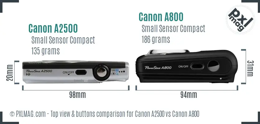 Canon A2500 vs Canon A800 top view buttons comparison
