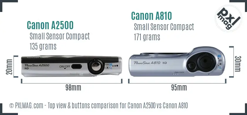 Canon A2500 vs Canon A810 top view buttons comparison