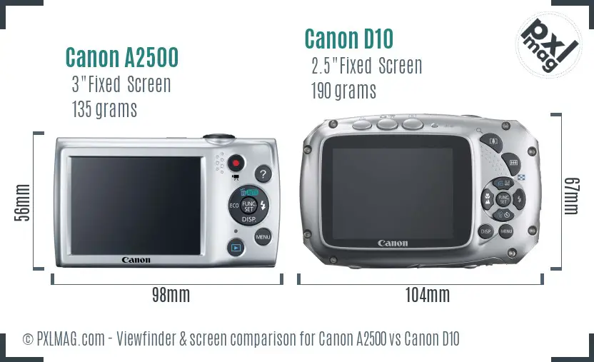 Canon A2500 vs Canon D10 Screen and Viewfinder comparison