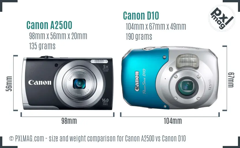 Canon A2500 vs Canon D10 size comparison
