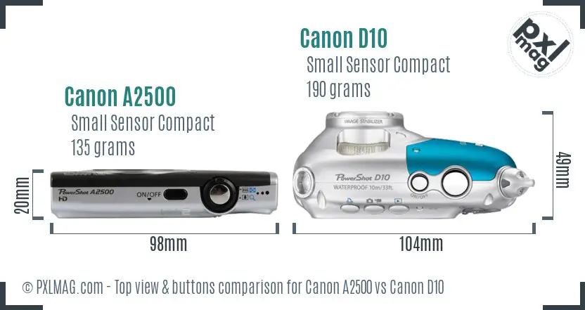 Canon A2500 vs Canon D10 top view buttons comparison
