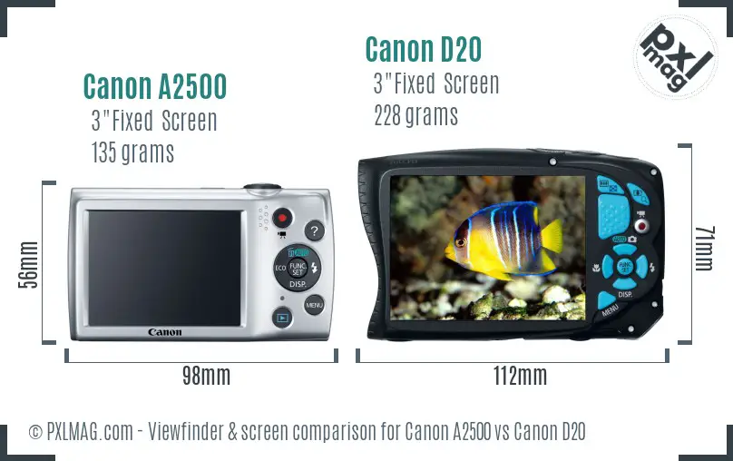 Canon A2500 vs Canon D20 Screen and Viewfinder comparison