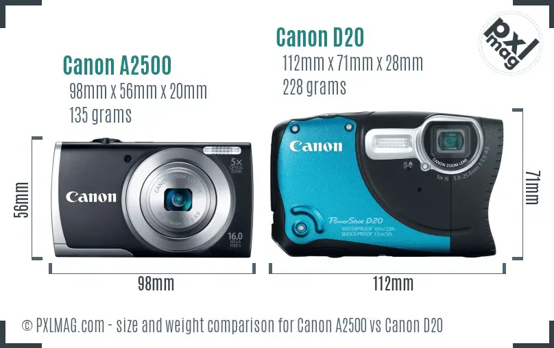 Canon A2500 vs Canon D20 size comparison