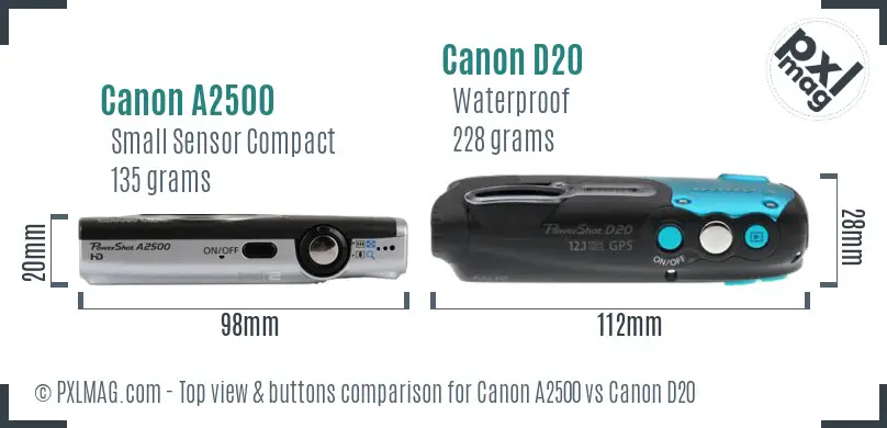 Canon A2500 vs Canon D20 top view buttons comparison