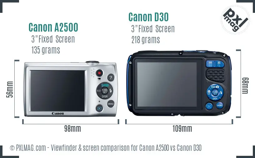 Canon A2500 vs Canon D30 Screen and Viewfinder comparison