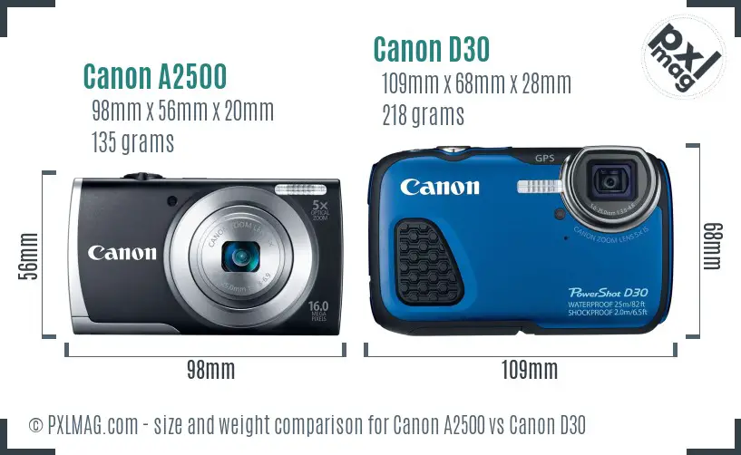 Canon A2500 vs Canon D30 size comparison