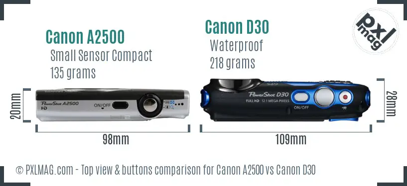 Canon A2500 vs Canon D30 top view buttons comparison