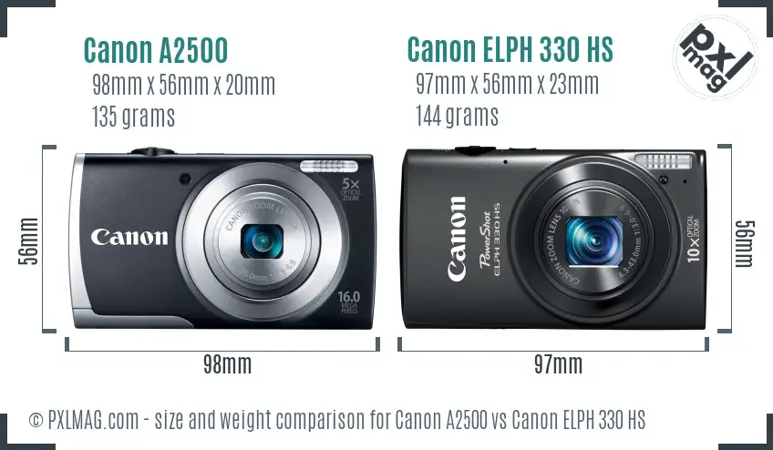 Canon A2500 vs Canon ELPH 330 HS size comparison