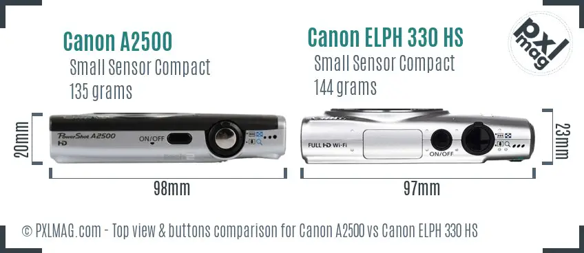 Canon A2500 vs Canon ELPH 330 HS top view buttons comparison