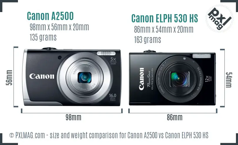 Canon A2500 vs Canon ELPH 530 HS size comparison