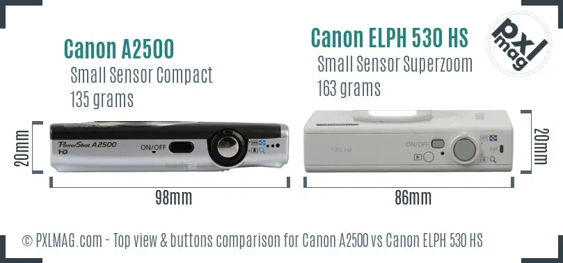 Canon A2500 vs Canon ELPH 530 HS top view buttons comparison