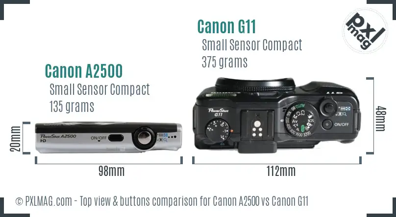 Canon A2500 vs Canon G11 top view buttons comparison