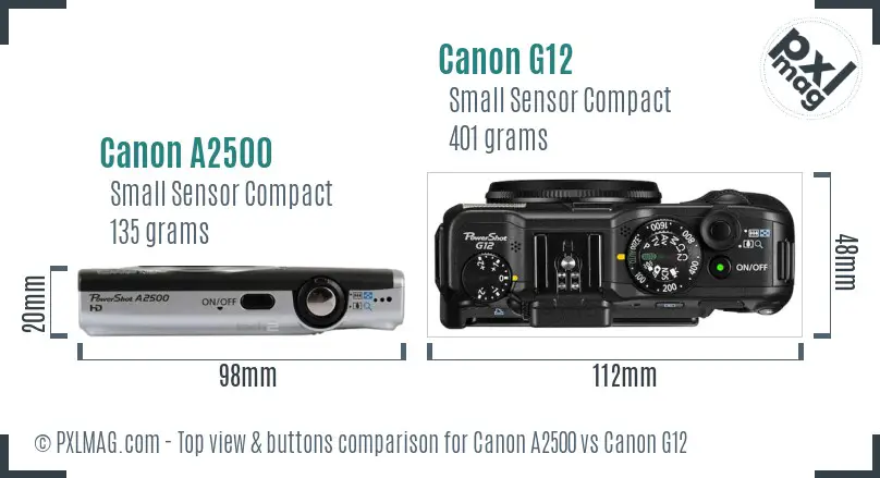 Canon A2500 vs Canon G12 top view buttons comparison