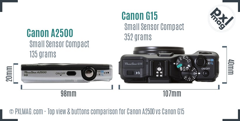 Canon A2500 vs Canon G15 top view buttons comparison