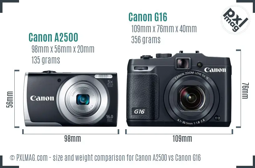 Canon A2500 vs Canon G16 size comparison