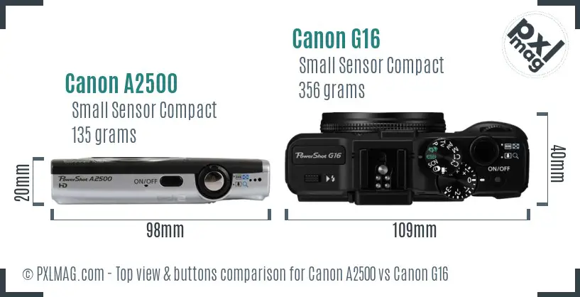 Canon A2500 vs Canon G16 top view buttons comparison