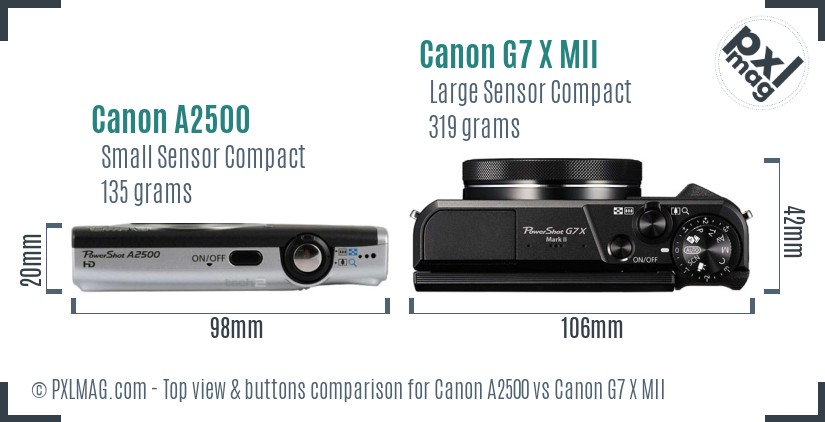 Canon A2500 vs Canon G7 X MII top view buttons comparison