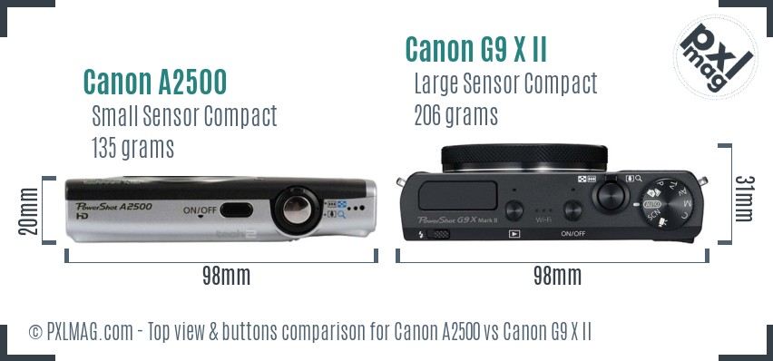 Canon A2500 vs Canon G9 X II top view buttons comparison