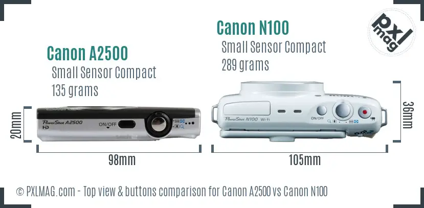 Canon A2500 vs Canon N100 top view buttons comparison