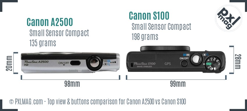 Canon A2500 vs Canon S100 top view buttons comparison