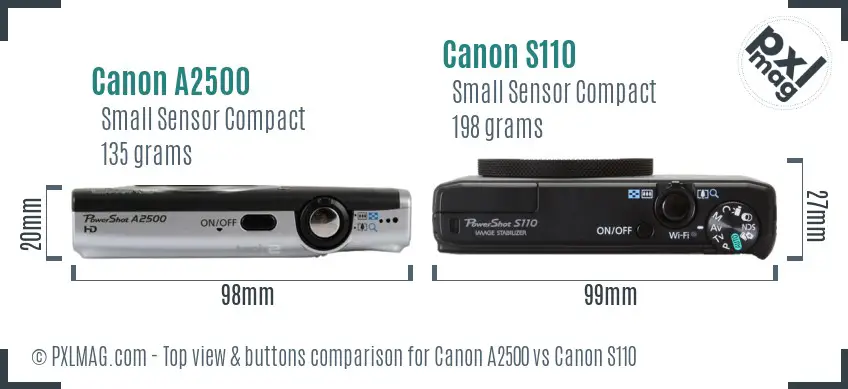 Canon A2500 vs Canon S110 top view buttons comparison