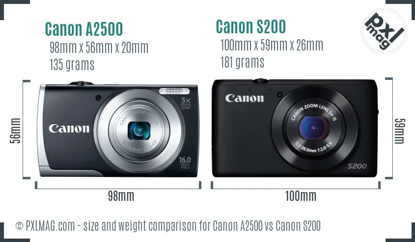 Canon A2500 vs Canon S200 size comparison