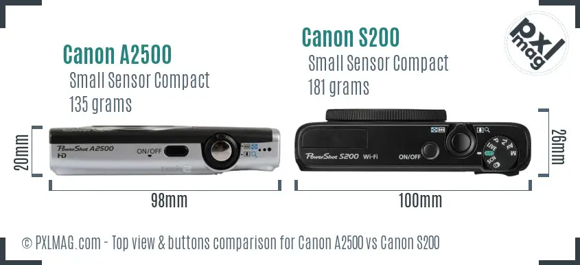 Canon A2500 vs Canon S200 top view buttons comparison