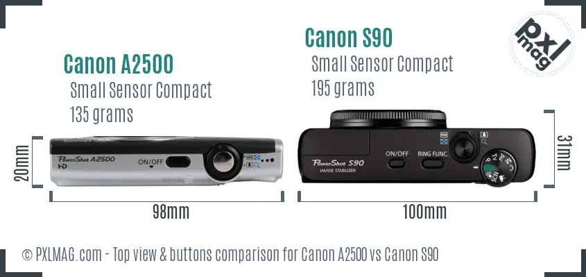 Canon A2500 vs Canon S90 top view buttons comparison Canon A2500 vs Canon S90 top view buttons comparison