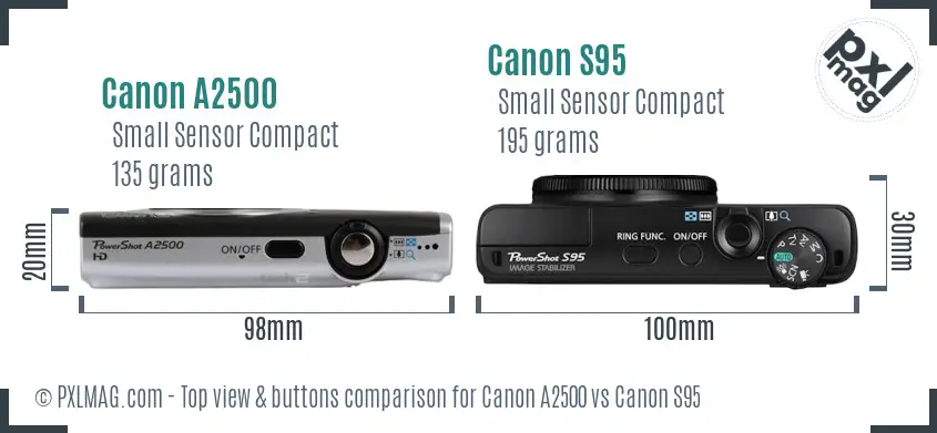 Canon A2500 vs Canon S95 top view buttons comparison Canon A2500 vs Canon S95 top view buttons comparison