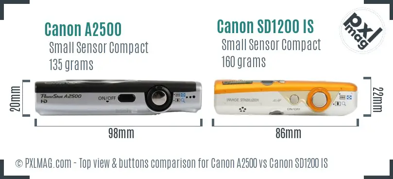 Canon A2500 vs Canon SD1200 IS top view buttons comparison