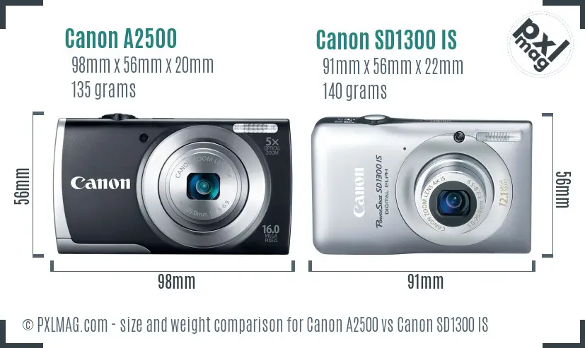 Canon A2500 vs Canon SD1300 IS size comparison
