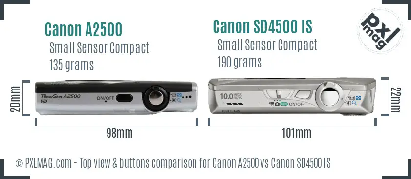 Canon A2500 vs Canon SD4500 IS top view buttons comparison