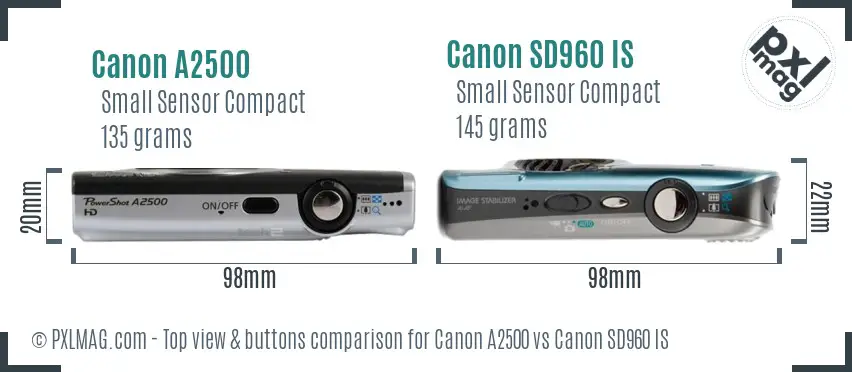 Canon A2500 vs Canon SD960 IS top view buttons comparison Canon A2500 vs Canon SD960 IS top view buttons comparison