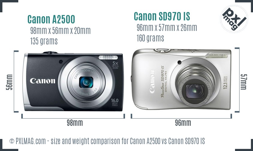 Canon A2500 vs Canon SD970 IS size comparison