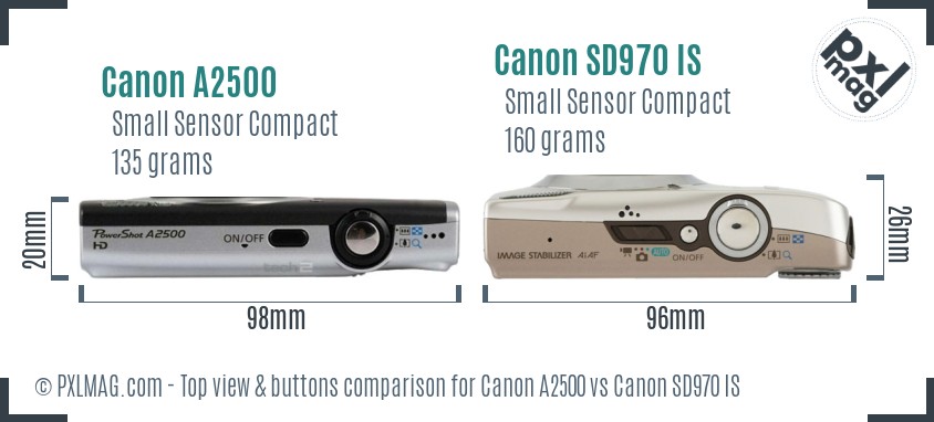 Canon A2500 vs Canon SD970 IS top view buttons comparison