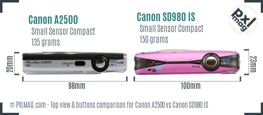 Canon A2500 vs Canon SD980 IS top view buttons comparison