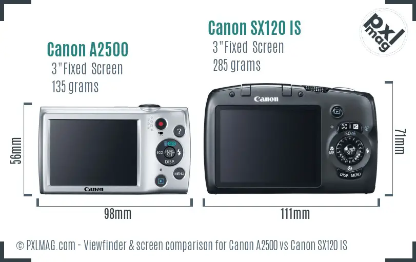Canon A2500 vs Canon SX120 IS Screen and Viewfinder comparison