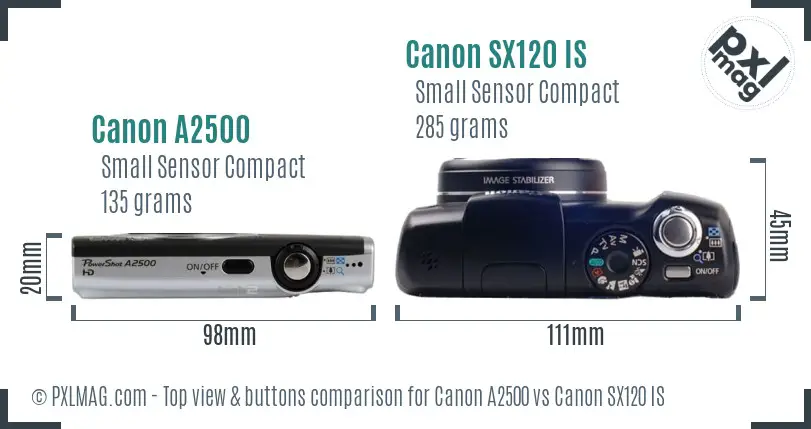 Canon A2500 vs Canon SX120 IS top view buttons comparison